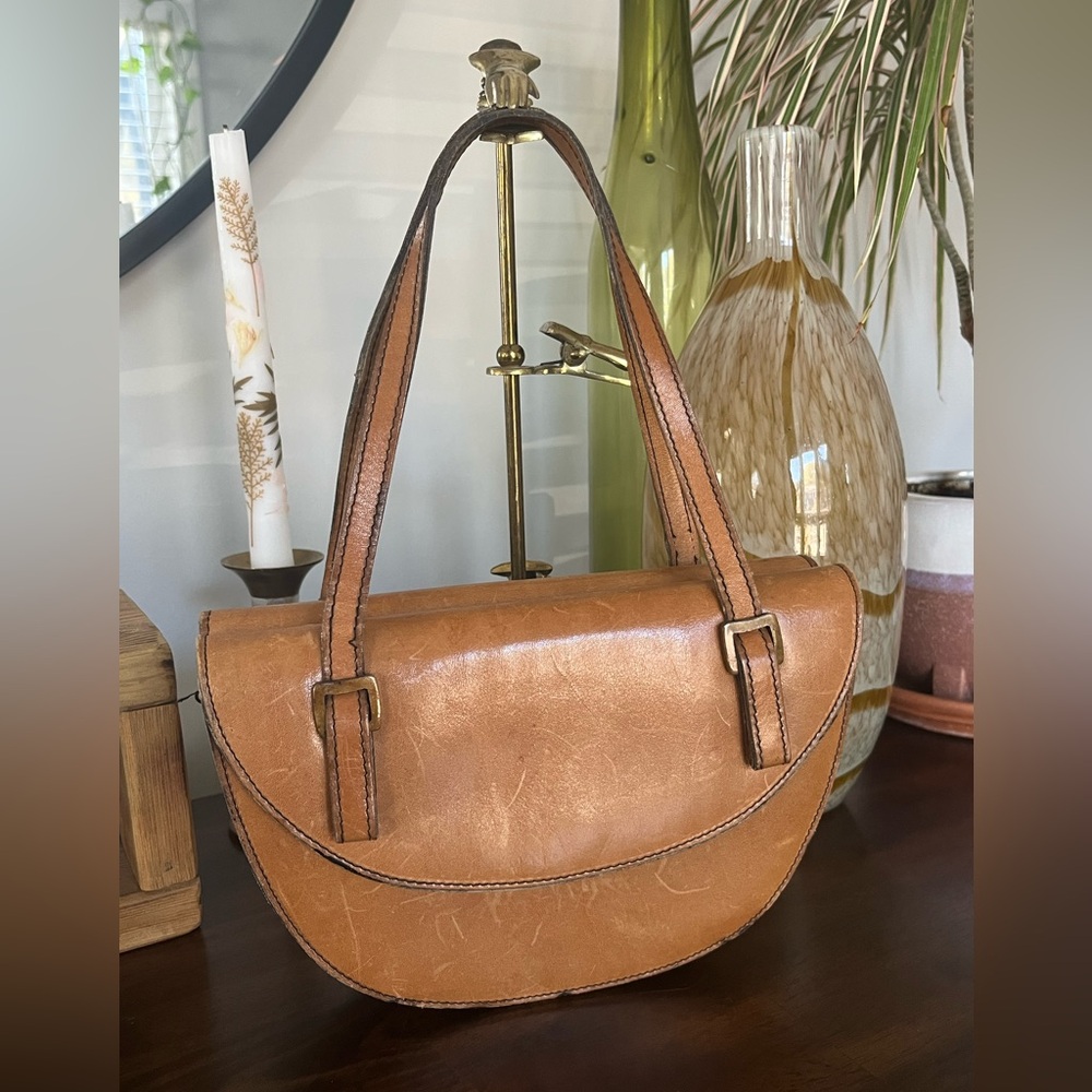 Vintage Tan Leather Dofan, France Accordion Handbag